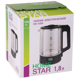 Чайник электрический 1,8л 1500Вт, стеклянный, диск, HS-1008, черный HomeStar 107010