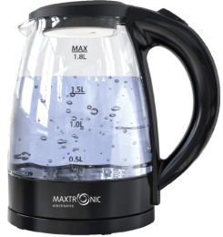 Чайник электрический 1,8л 1800Вт, стеклянный, диск, черный Maxtronic MAX-412