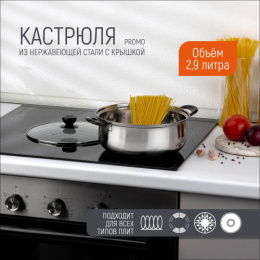 Кастрюля из нержавеющей стали  2,9л 220мм стеклянная крышка, Promo Mallony 104615