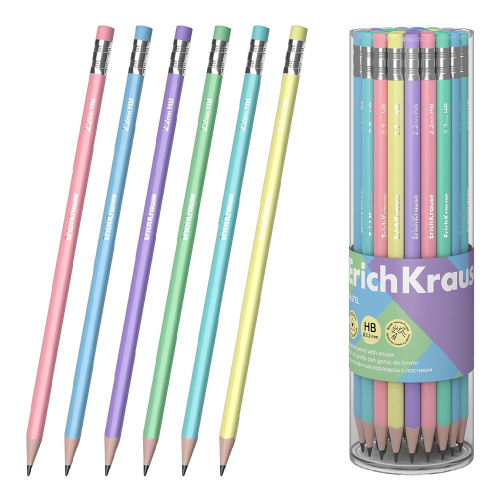 Карандаш чернографитный с ластиком ErichKrause Pastel HB, трехгранный 60720