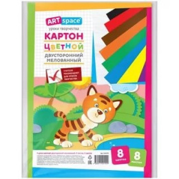 Картон цветной  8 листов  8 цветов А4 двухсторонний, мелованный, в пакете 264192