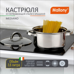 Кастрюля из нержавеющей стали  3,6л 200мм стеклянная крышка, Mediano Mallony 005444