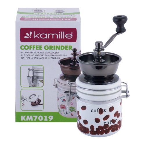Кофемолка ручная нержавеющая воронка, основание керамика 7х7х17см Kamille 7019
