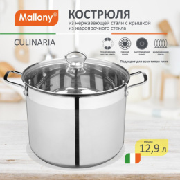 Кастрюля из нержавеющей стали 12,9л 280мм стеклянная крышка, Culinaria Mallony 105803
